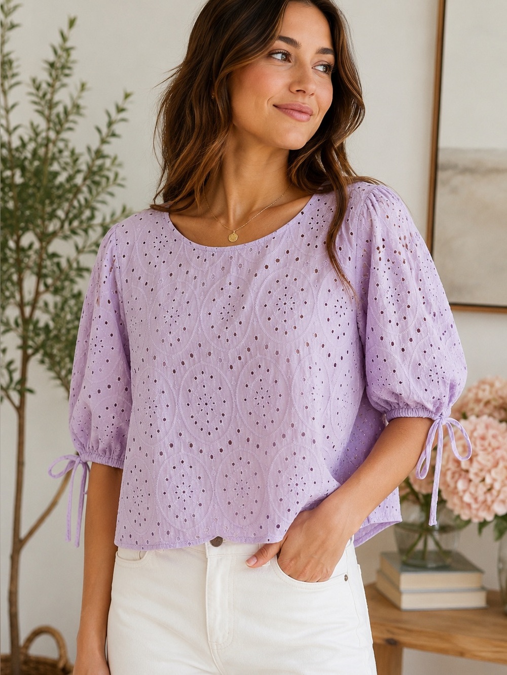 HYFVE Lavender Eyelet Puff Sleeve Blouse Medium Cottagecore Boho
